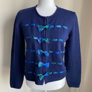 Susan Bristol Navy Blue Knit Cardigan with Teal & Pink Accent Bows